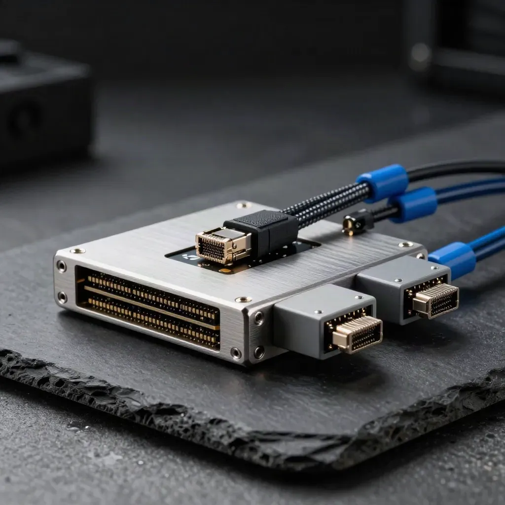 Macro hero of prototype hardware: aluminum enclosure, Ethernet loom, SSD caddies and test modules.