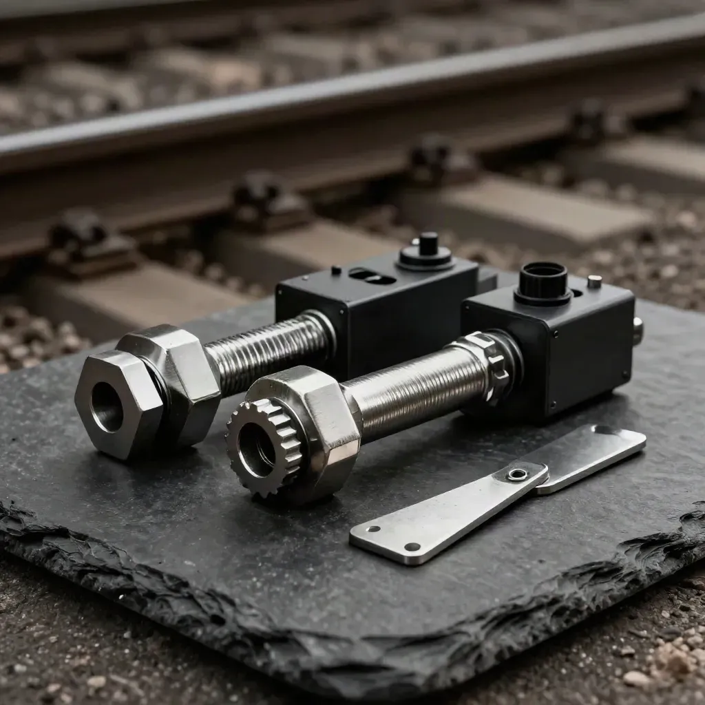 Rail coupler pin, signal relay block and inspection wedges on brushed slate in dramatic side light.