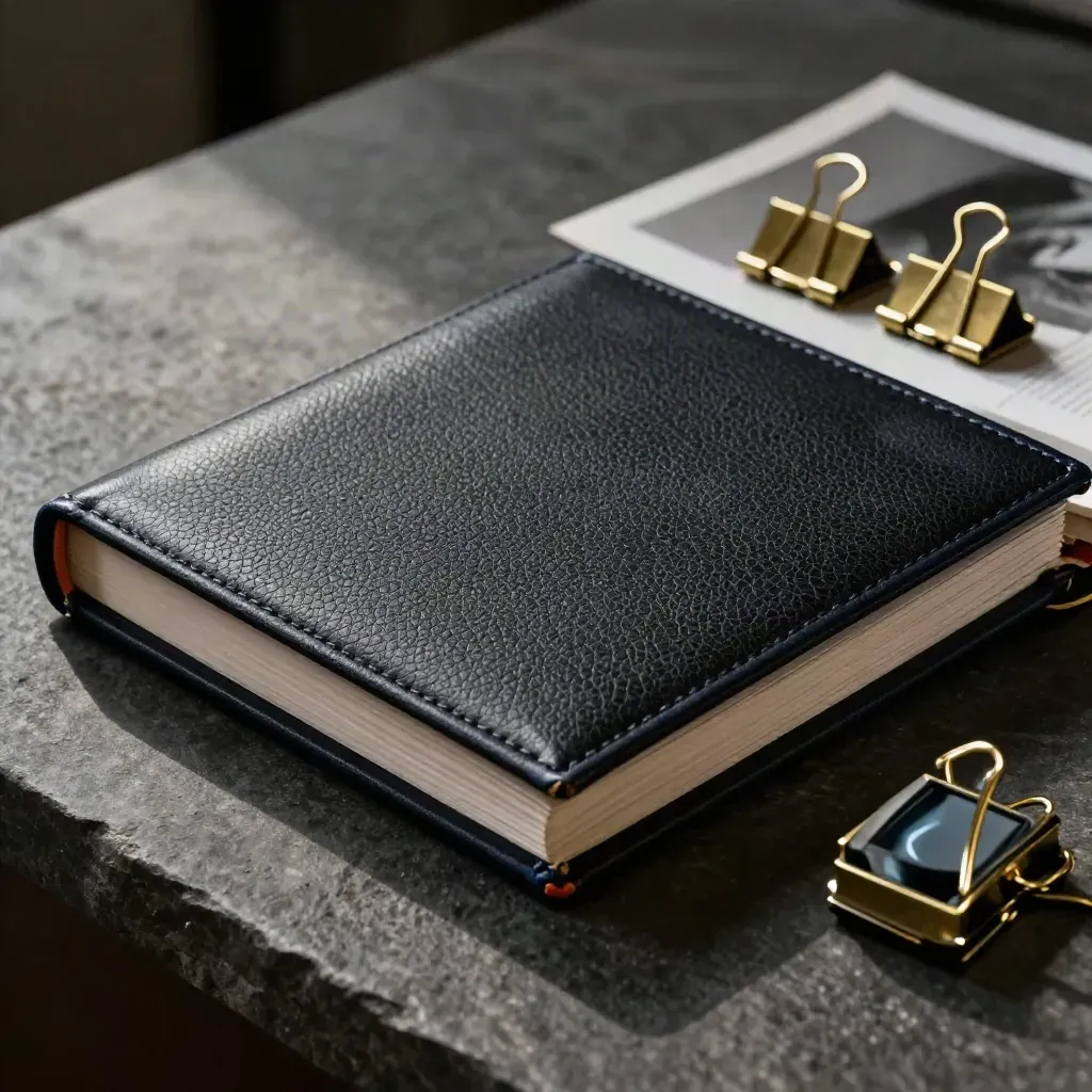 Black ledger binder, brass page clips and slate paperweight on dark stone in soft light