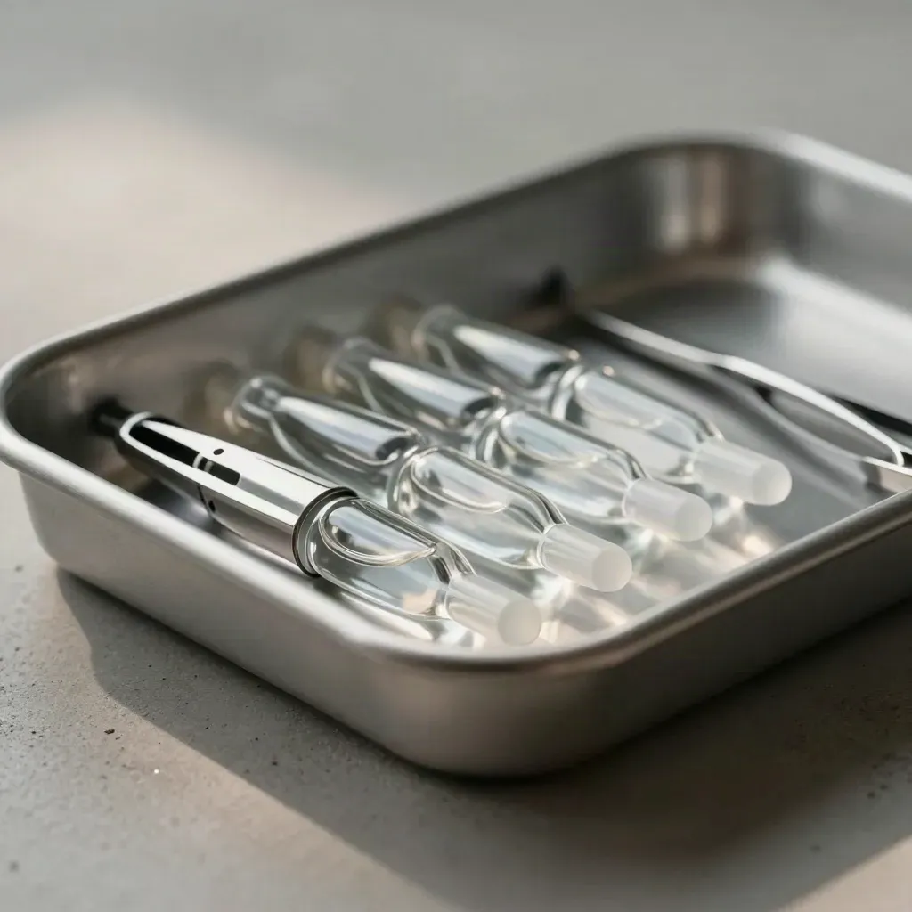 Overhead macro of a sterile tray, glass ampoules and instrument clip on pale concrete.