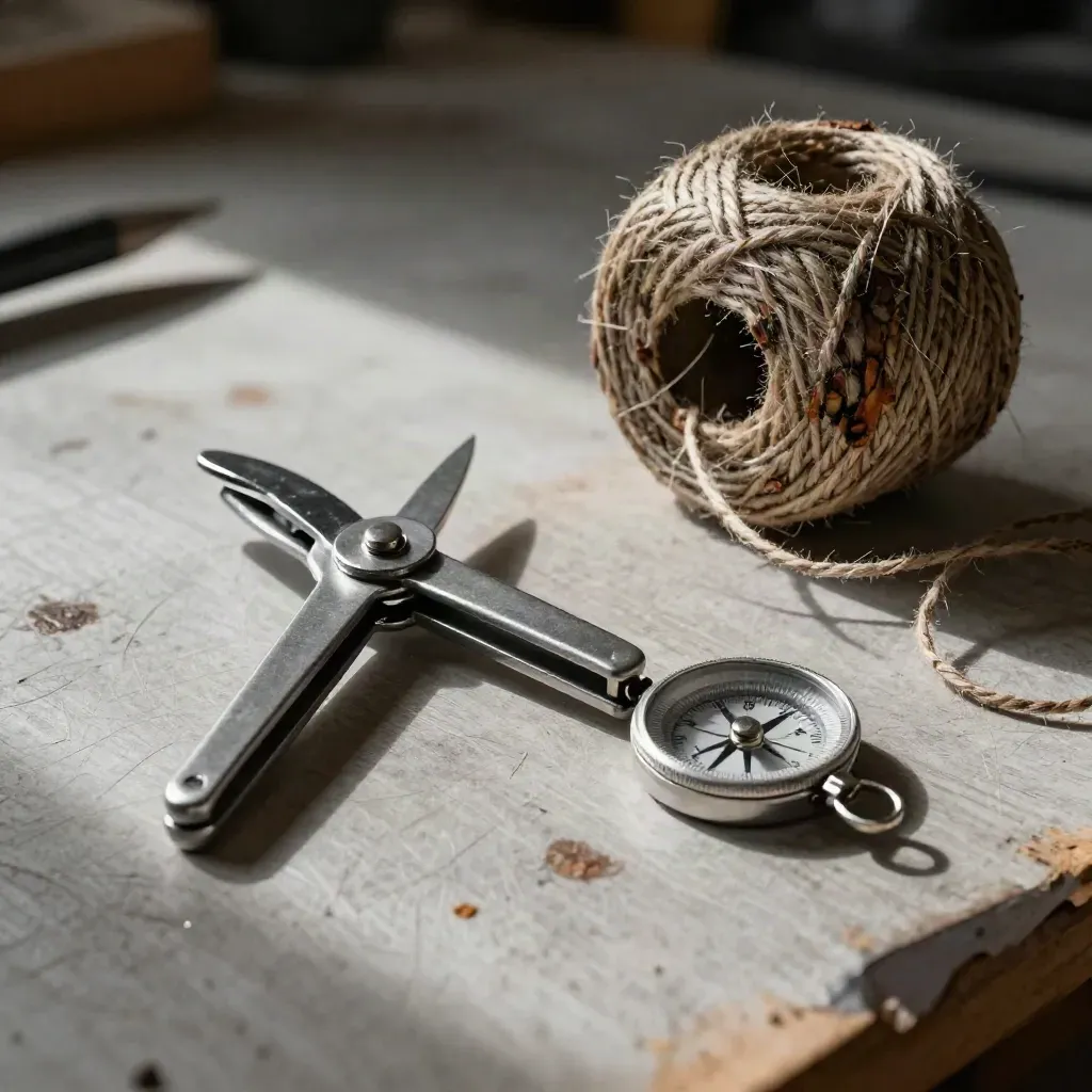 Arborist tag clip, steel compass and twine spool on pale ash wood in soft daylight.