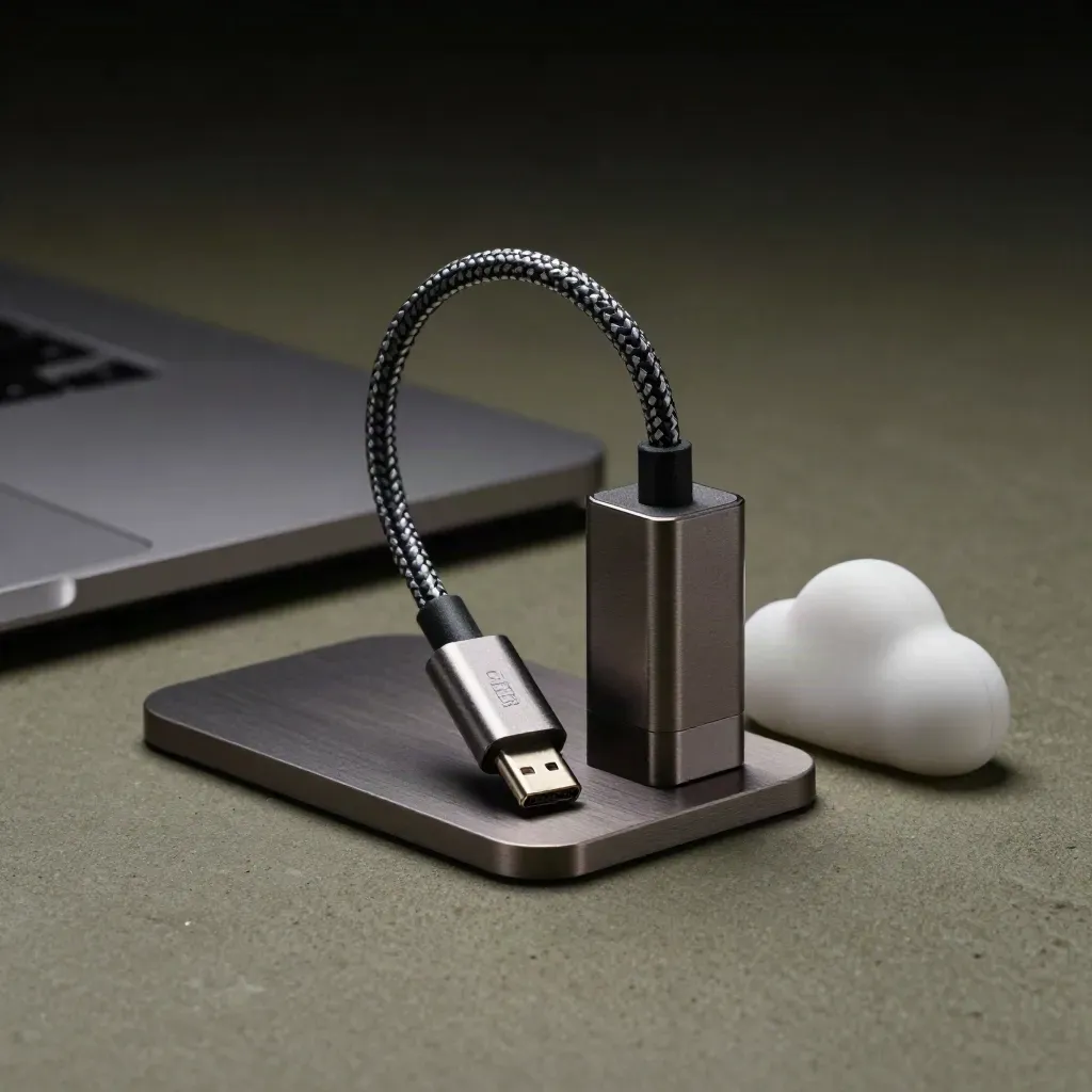 Laptop stand, braided USB-C lead and adapter block on matte stone, lit dramatically.