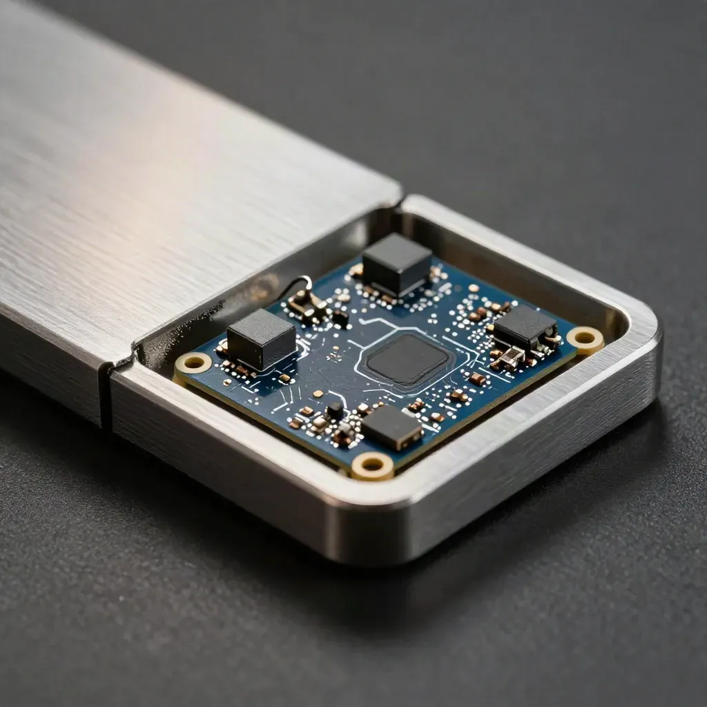 Top-down macro of a PCB dev kit in an aluminum tray with standoffs and cable loop.