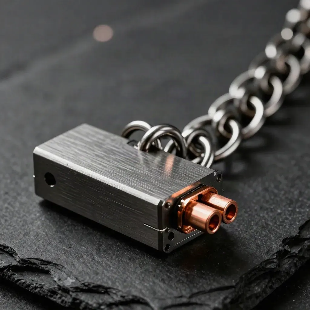 Macro of a card-reader shell, copper contacts and linked metal rings on black slate.