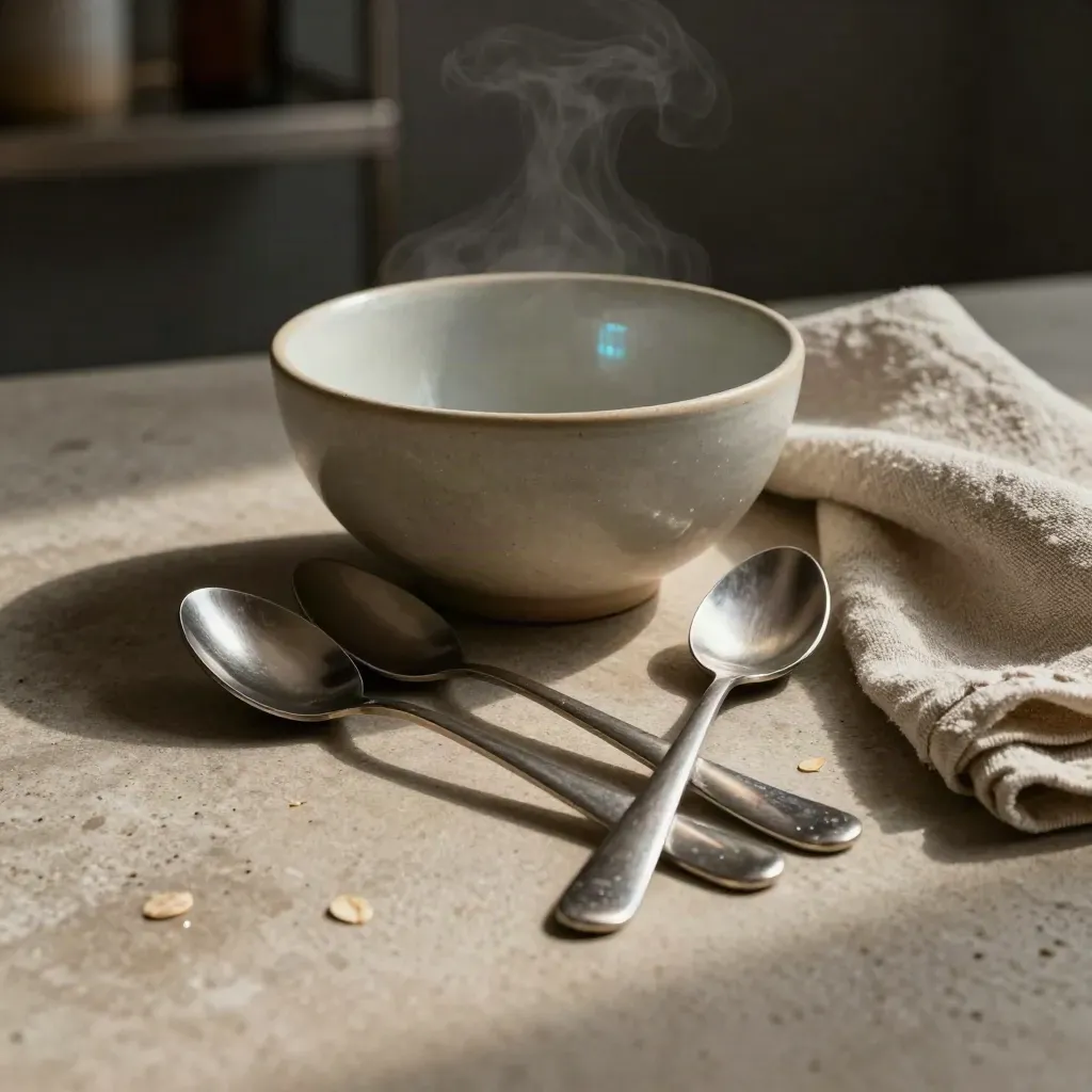 Brushed-steel tasting spoons, matte bowl and linen towel on stone in dramatic food light.