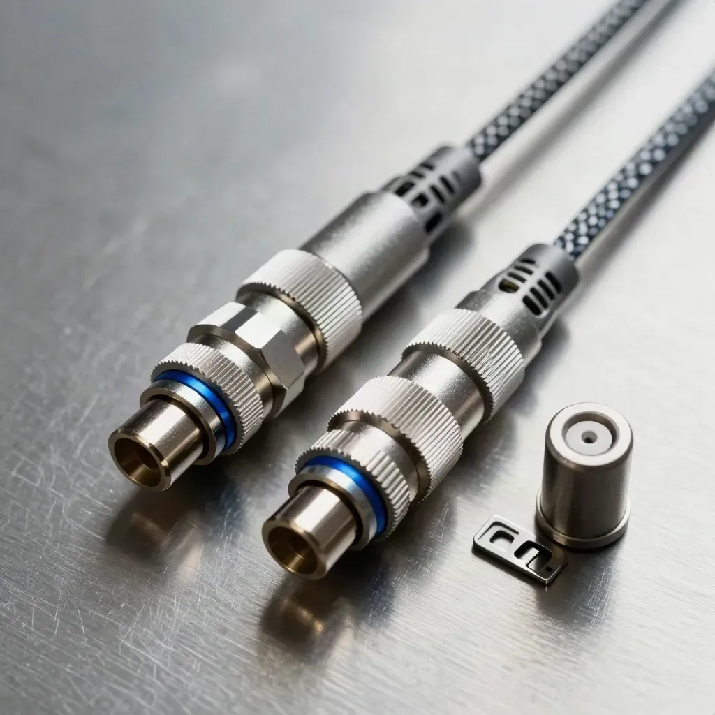 Braided connectors and a coupler on brushed metal, shot top-down with soft light and blue accent