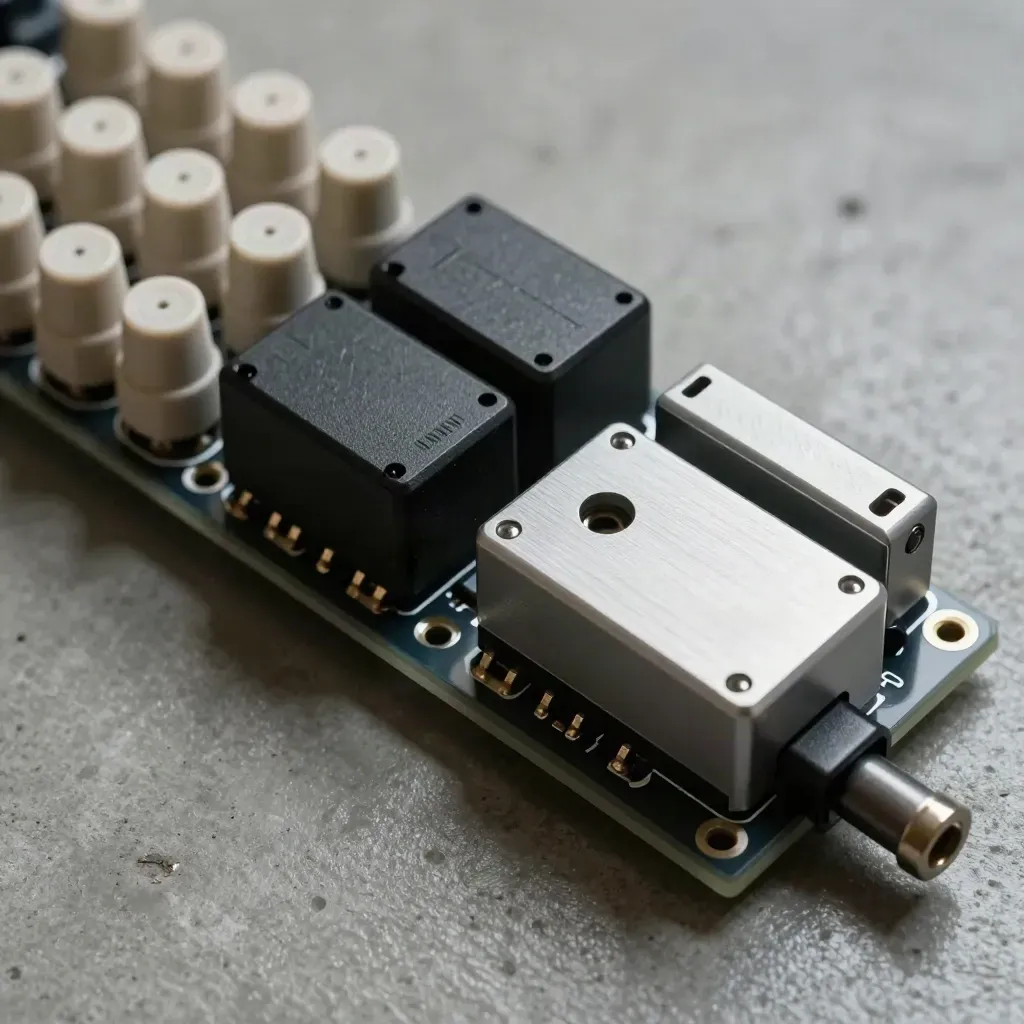 Top-down macro of relay boards and sensor pods linked on concrete.