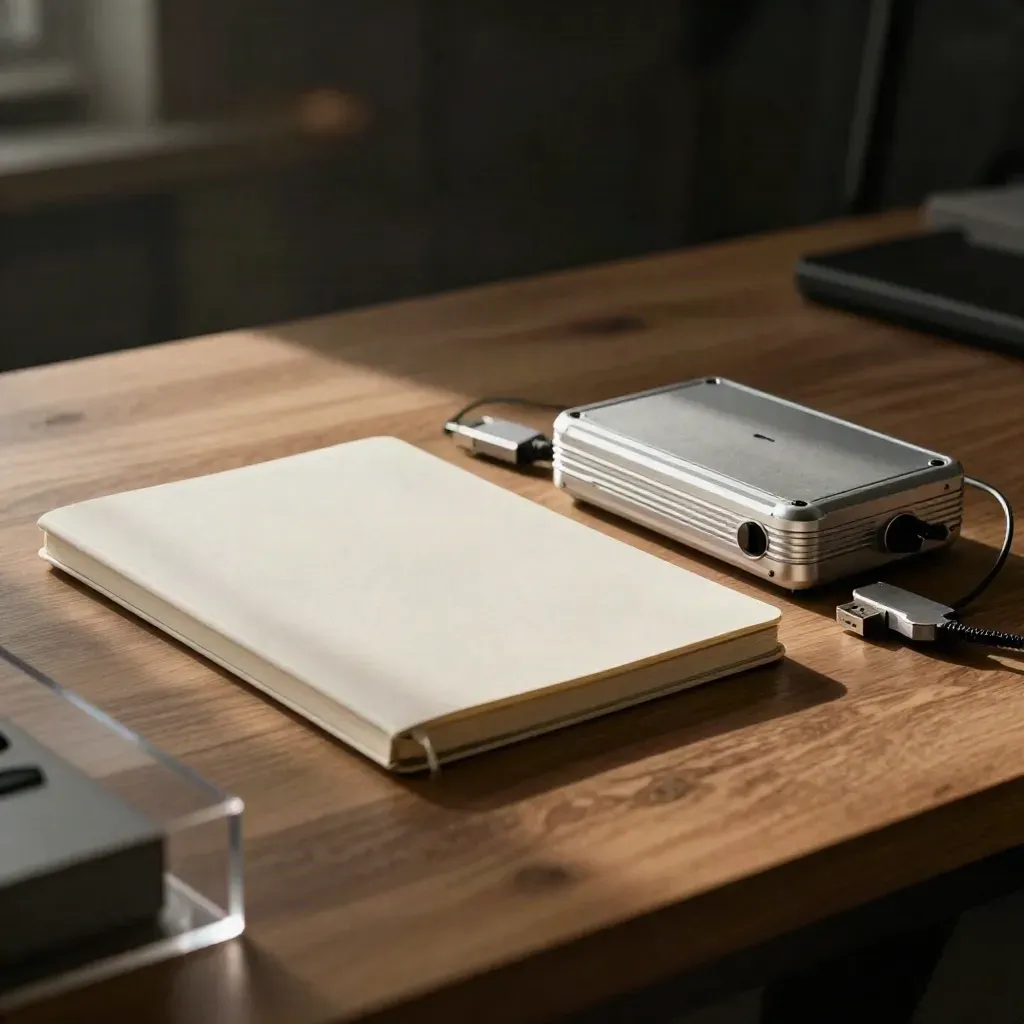 Startup founder demo kit: notebook, aluminum dev box and USB drive on a workbench.