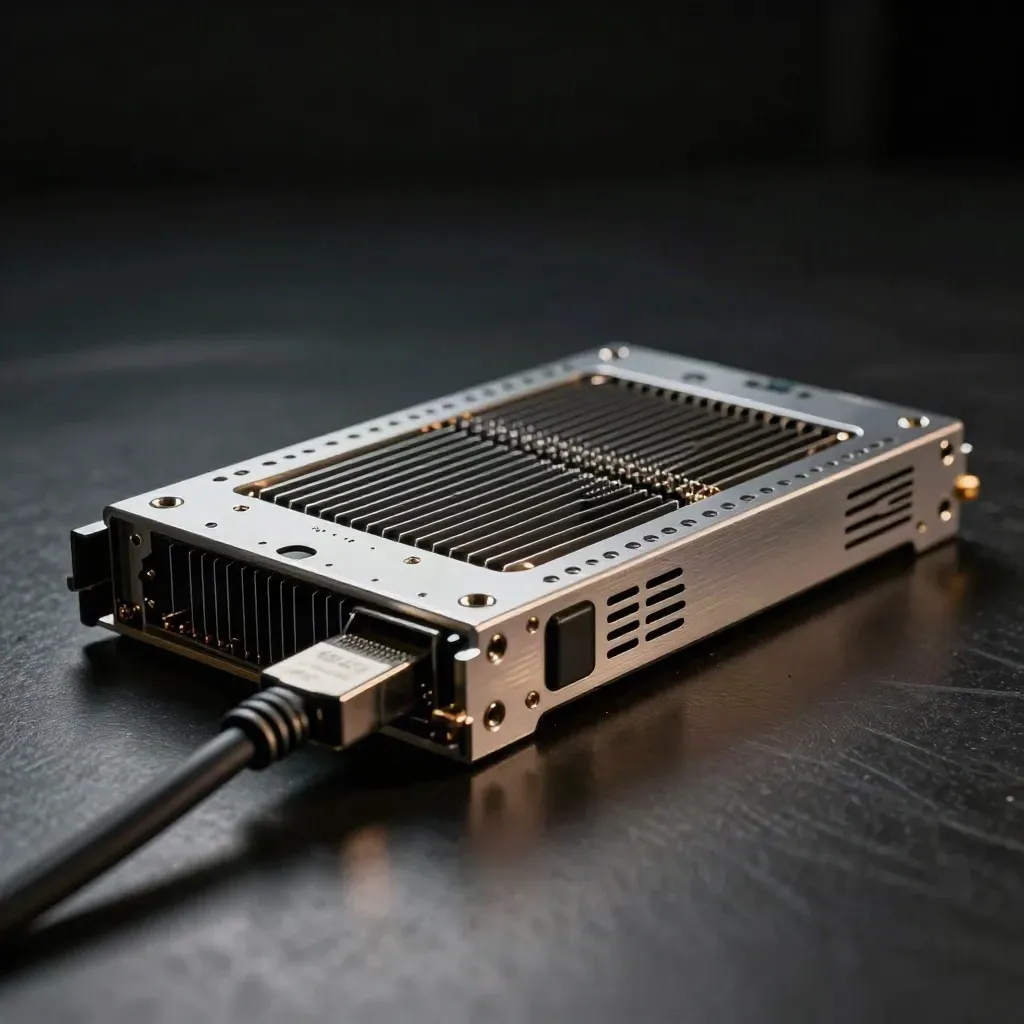 Aluminum server blade, fin module and braided uplink cable on dark steel in dramatic low-key light.