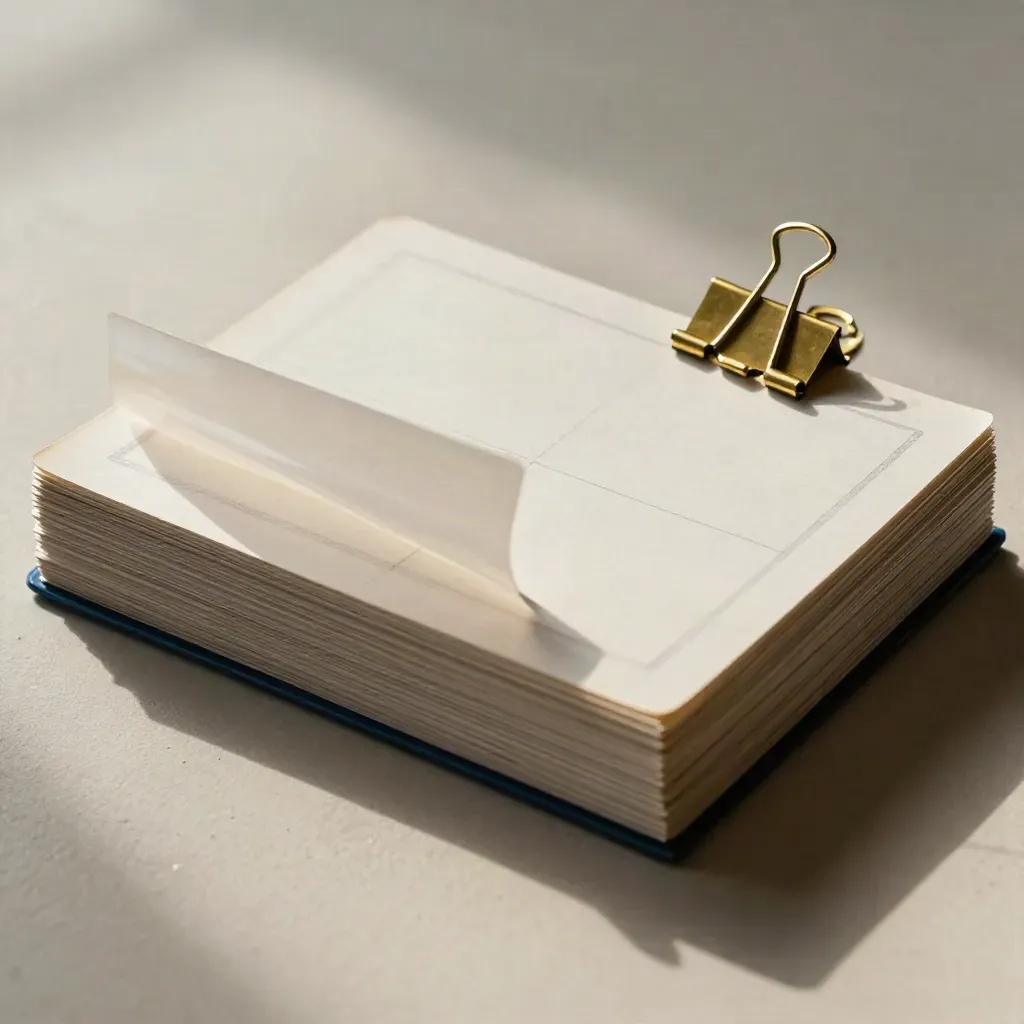 Overhead still life of wireframe cards, brass clips, and drafting film on pale plaster with blue accent