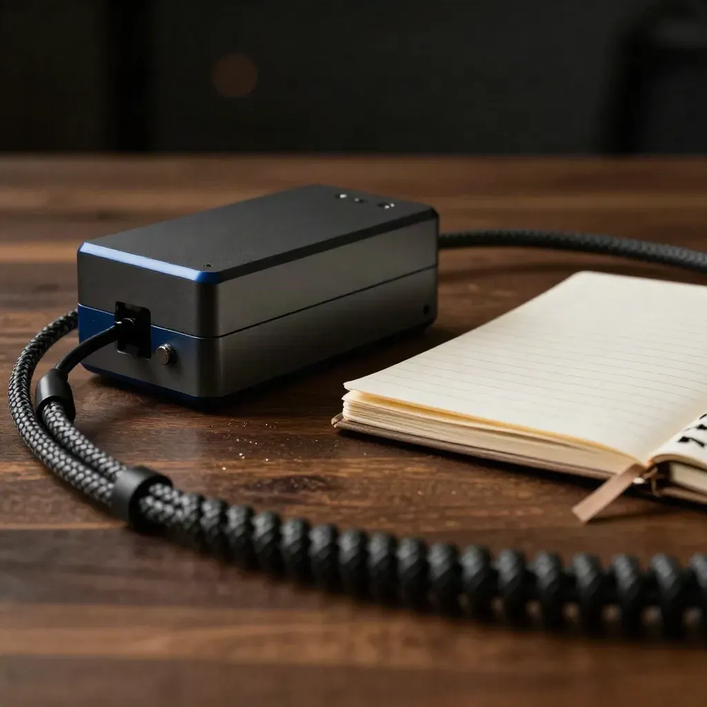 Prototype enclosure, braided cable, and folded notebook on walnut in dramatic studio light.