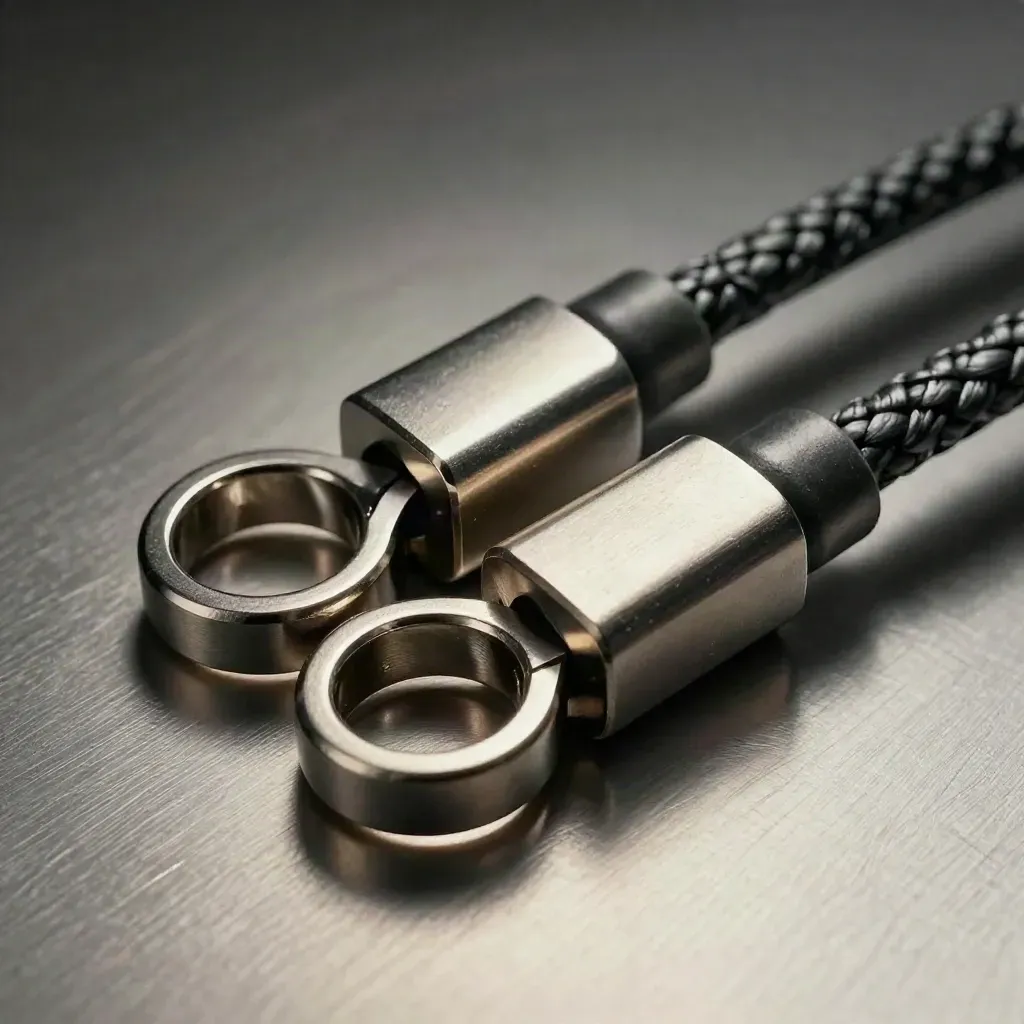 Stainless rings, braided cable, and machined blocks linked on brushed aluminum in dramatic studio light.