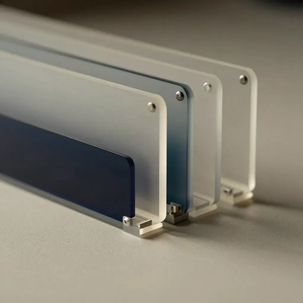 Frosted acrylic panels and aluminum connectors aligning on matte plaster under grazing side light.