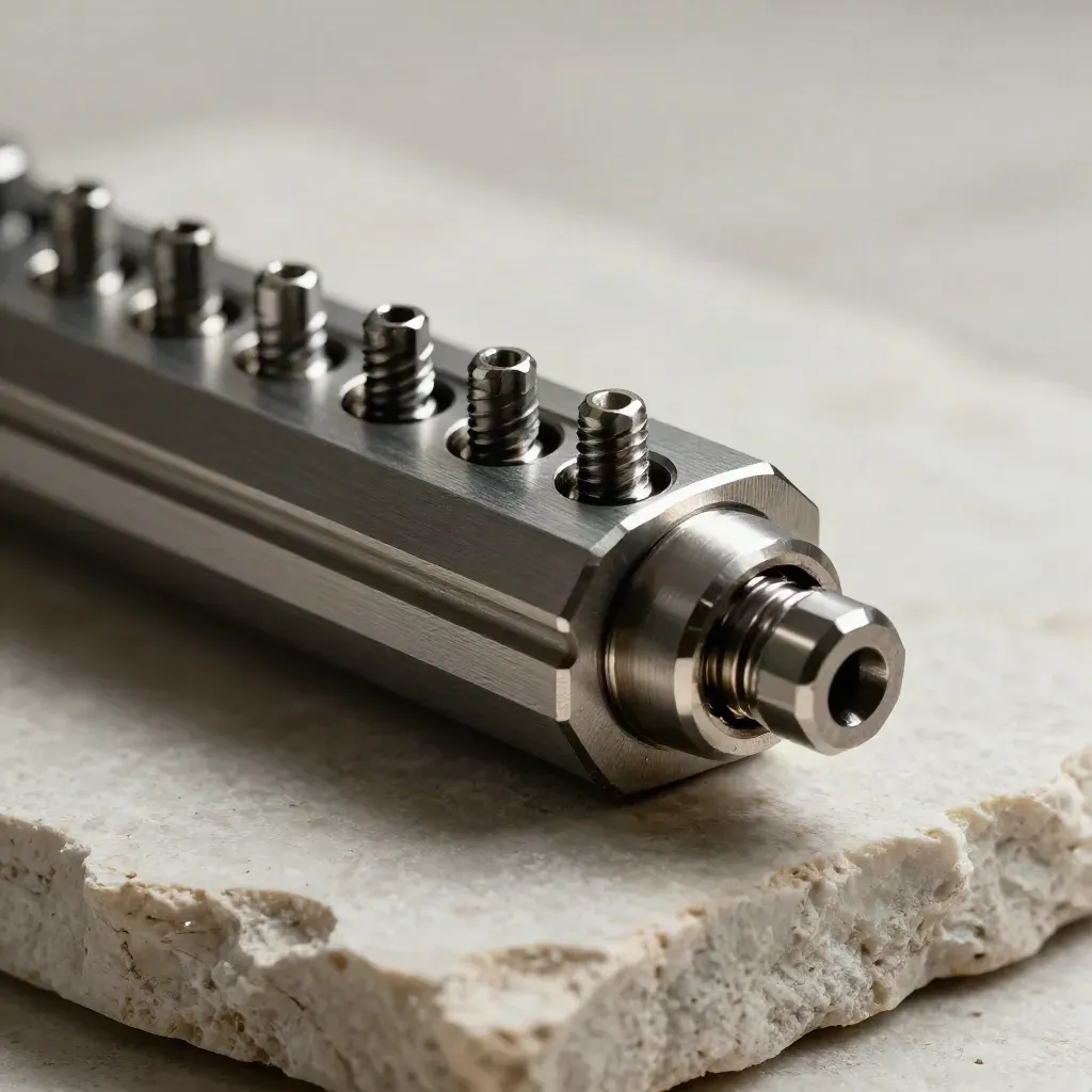 Top-down macro of stacked alloy blocks, dowels and a hex standoff on pale stone.