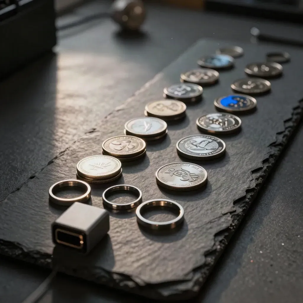 Top-down still life of polished metal payment tokens, rings, and a connector block on dark slate.