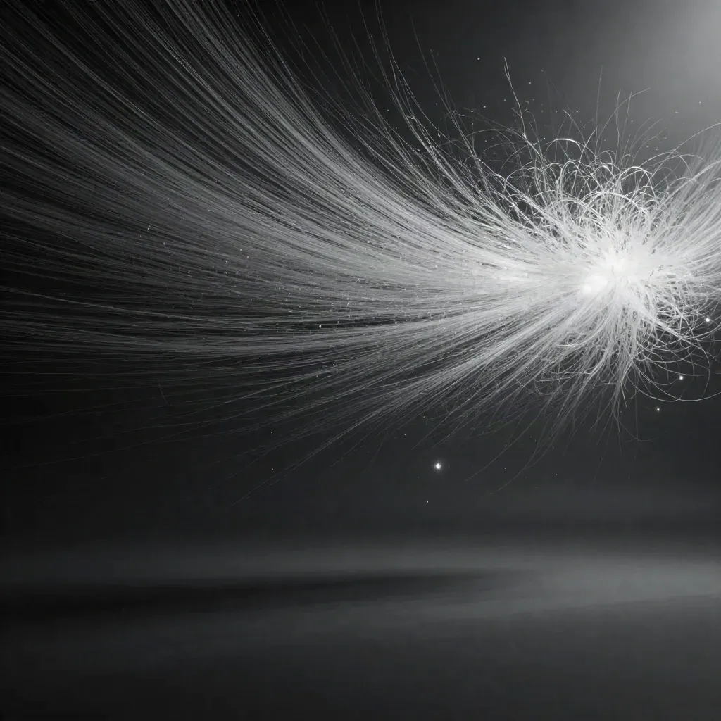 Silver filaments converge into a soft white bloom in deep graphite haze.